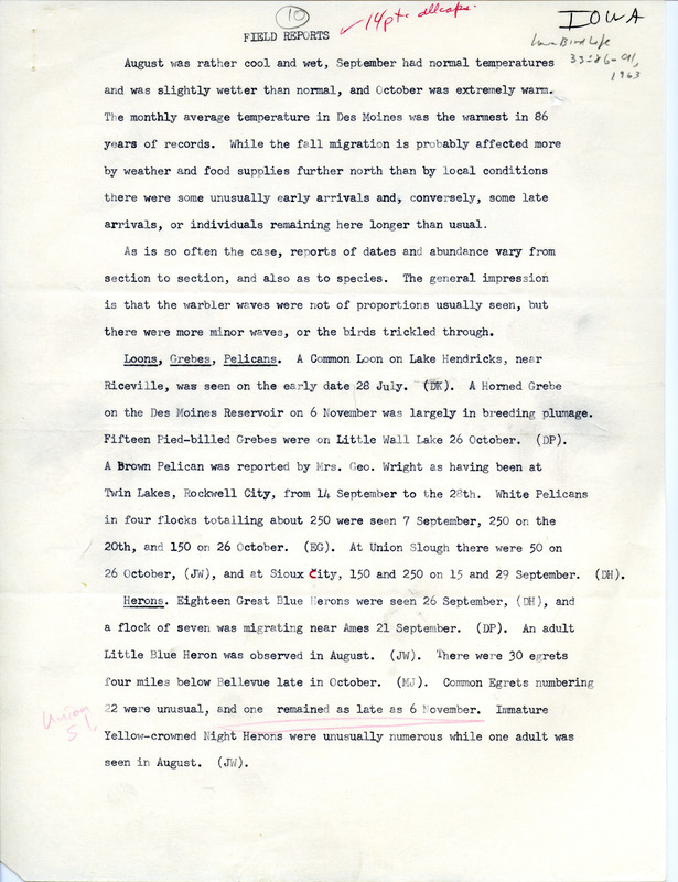 Quarterly field report for the fall of 1963 titled "Field reports." It is published in Iowa Bird Life 33:86-91, 1963. The report is a draft with manual annotations.