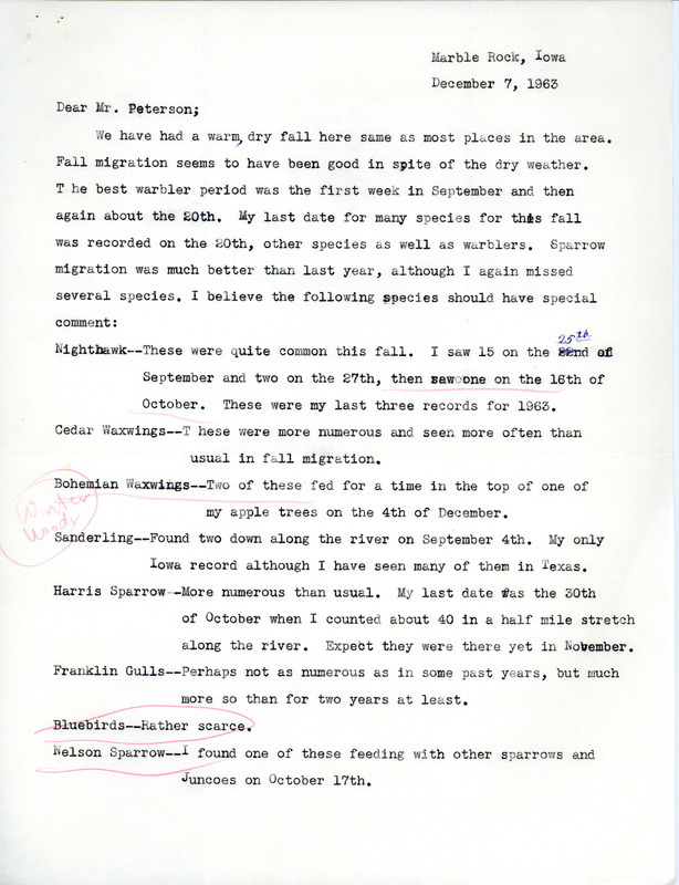 Pearl Knoop letter to Mr. Petersen regarding bird sightings, December 7, 1963. This item was used as supporting documentation for the Iowa Ornithologists' Union Quarterly field report of Fall 1963.