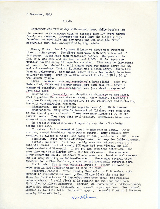 Audubon field notes for fall migration 1963 contributed by W. H. Brown, December 8, 1963. This item was used as supporting documentation for the Iowa Ornithologists' Union Quarterly field report of Fall 1963.