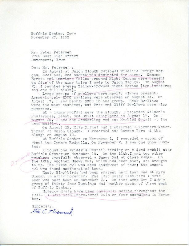 Field notes for Fall 1963 contributed by Tim C. Moermond to Peter Petersen, November 27, 1963. This item was used as supporting documentation for the Iowa Ornithologists' Union Quarterly field report of Fall 1963.