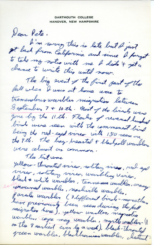 Field notes for fall 1963 contributed by Joe Kennedy in a letter to Peter C. Petersen. This item was used as supporting documentation for the Iowa Ornithologists' Union Quarterly field report of Fall 1963.