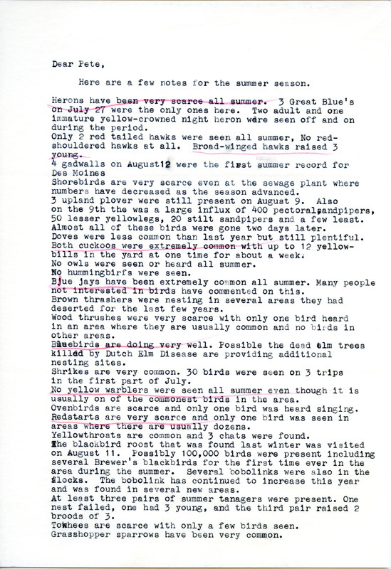 Field notes for Summer 1963 contributed by Joe Kennedy in a letter to Peter C. Petersen. This item was used as supporting documentation for the Iowa Ornithologists' Union Quarterly field report of Summer 1963.