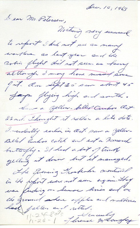 Field notes contributed by Florence McCaughey in a letter to Mr. Petersen, December 10, 1963. This item was used as supporting documentation for the Iowa Ornithologists' Union Quarterly field report of Fall 1963.