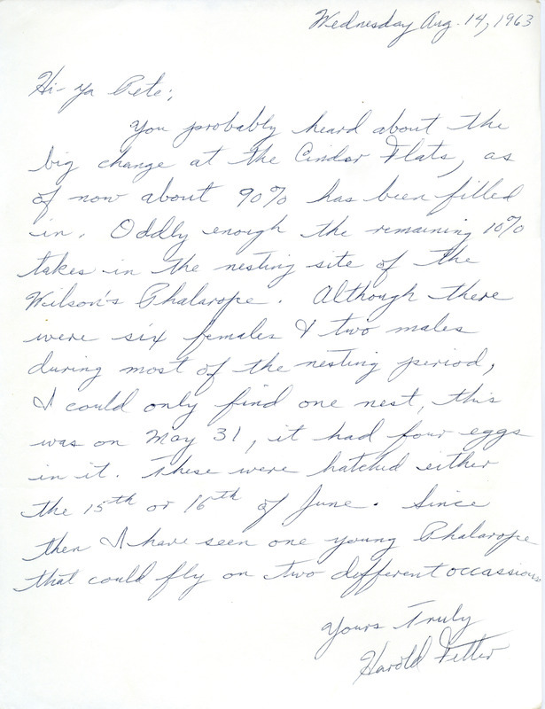 Bird sightings contributed by Harold Fetter in a letter to Peter C. Petersen, August 14, 1963. This item was used as supporting documentation for the Iowa Ornithologists' Union Quarterly field report of Summer 1963.