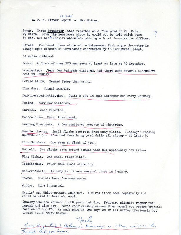 Audubon field notes for winter 1963-1964, Des Moines, Iowa contributed by Woodward H. Brown. This item was used as supporting documentation for the Iowa Ornithologists' Union Quarterly field report of winter 1964.