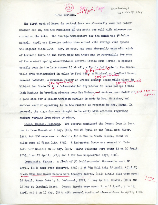 Quarterly field report for spring 1964 titled "Field reports." It is published in Iowa Bird Life 34:44-49, 1964. The report is a draft with manual annotations.