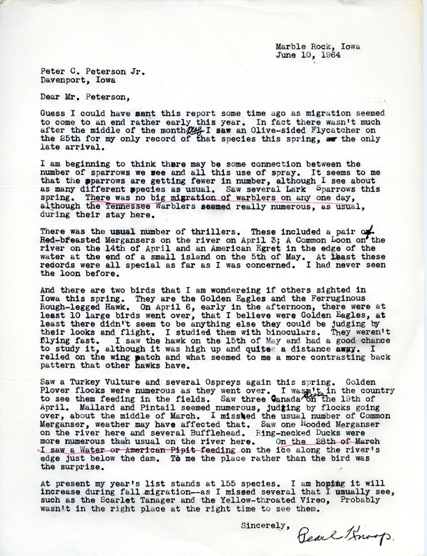 Bird sightings near Marble Rock, Iowa contributed by Pearl Knoop in a letter to Peter C. Petersen, Jr. This item was used as supporting documentation for the Iowa Ornithologists' Union Quarterly field report of spring 1964.