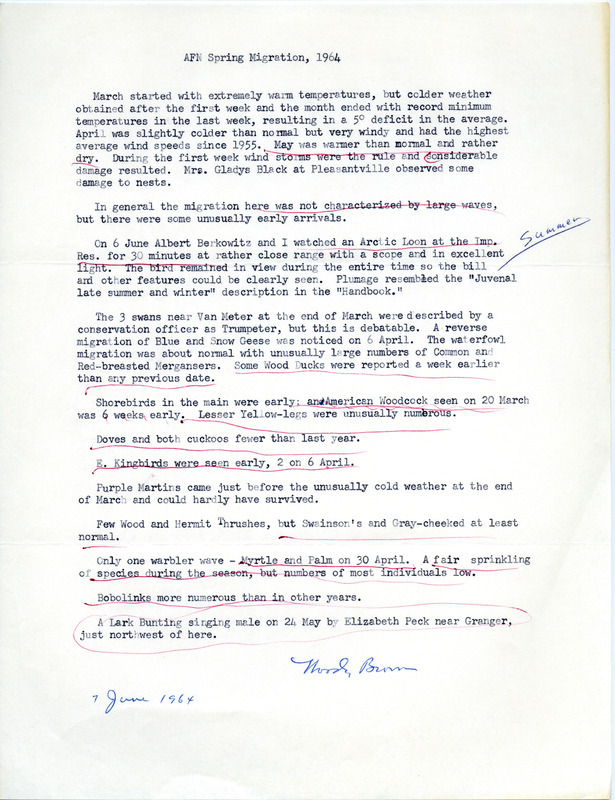 Audubon field notes for spring 1964 near Des Moines, Iowa were contributed by Woodward H. Brown. This item was used as supporting documentation for the Iowa Ornithologists' Union Quarterly field report of spring 1964.