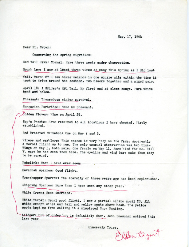 Spring migration report contributed by Eldon J. Bryant in a letter to Woodward H. Brown. This item was used as supporting documentation for the Iowa Ornithologists' Union Quarterly field report of spring 1964.