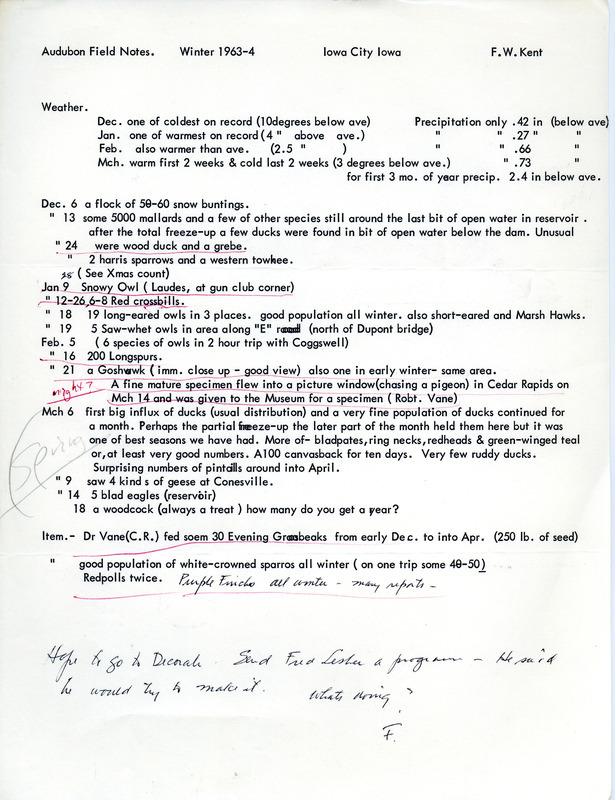 Audubon field notes were contributed by Frederick W. Kent. This item was used as supporting documentation for the Iowa Ornithologists' Union Quarterly field report of winter 1964.