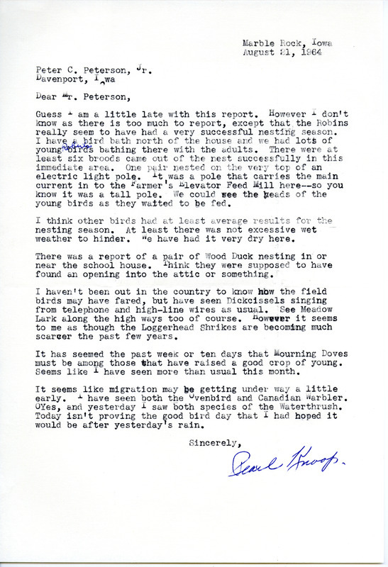 Report of nesting season in Marble Rock, Iowa was contributed by Pearl Knoop in a letter to Peter C. Petersen. This item was used as supporting documentation for the Iowa Ornithologists' Union Quarterly field report of summer 1964.