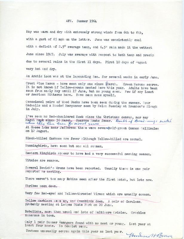 Audubon field notes were contributed by Woodward H. Brown. This item was used as supporting documentation for the Iowa Ornithologists' Union Quarterly field report of summer 1964.