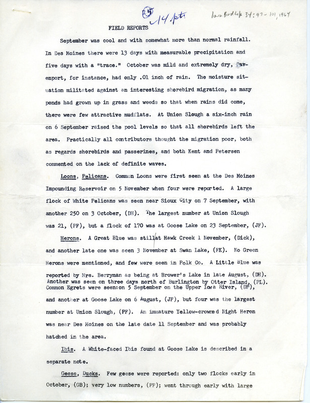 Quarterly field report for fall 1964 titled "Field reports." It is published in Iowa Bird Life 34:97-101, 1964. The report is a draft with manual annotations.