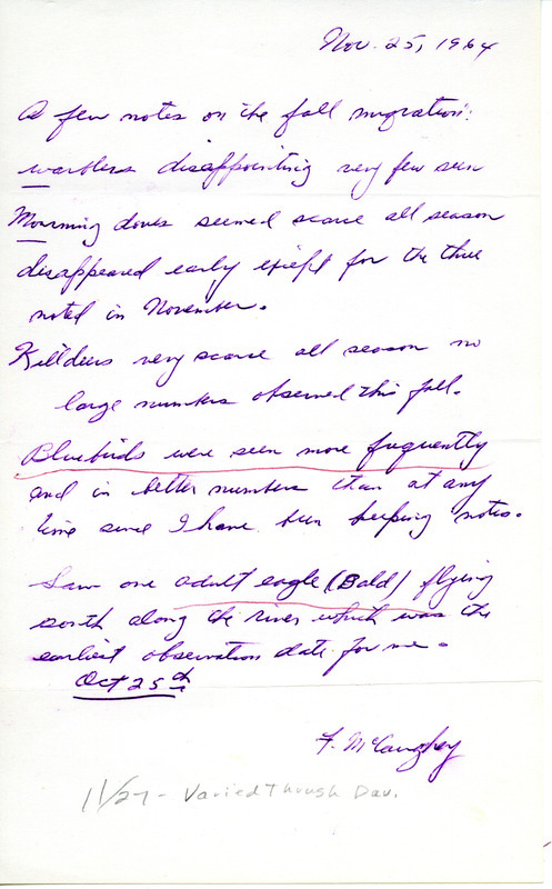 The bird migration report was contributed by Florence McCaughey. She mentions the sightings of warblers, Mourning Doves, Killdeers, Bluebirds, and one adult Bald Eagle. This item was used as supporting documentation for the Iowa Ornithologists' Union Quarterly field report of fall 1964.