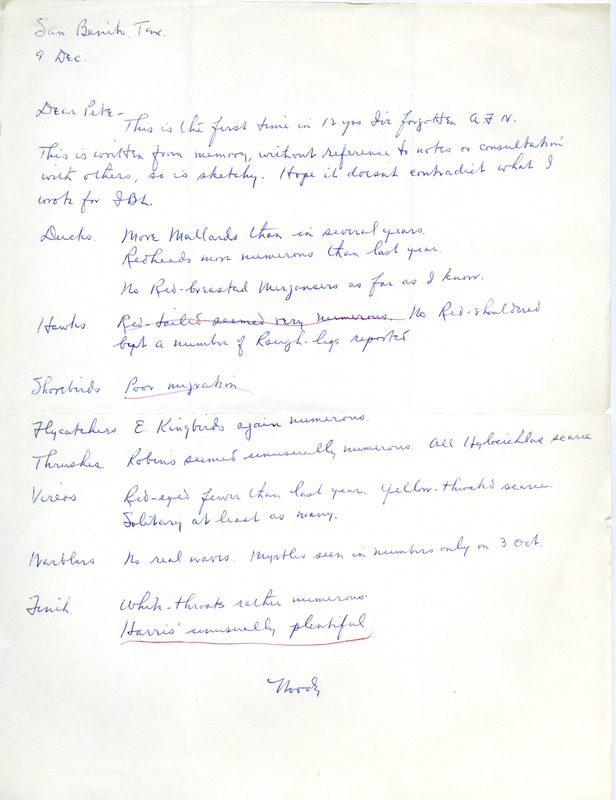 Audubon field notes were contributed by Woodward H. Brown in a letter to Peter C. Petersen. This item was used as supporting documentation for the Iowa Ornithologists' Union Quarterly field report of fall 1964.