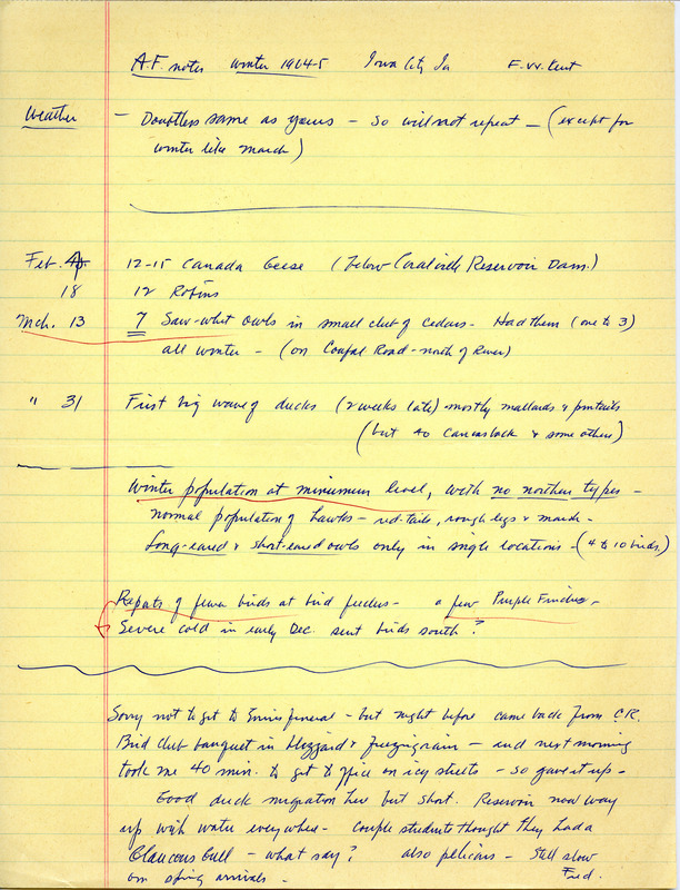 Audubon field notes for Iowa City, Iowa area contributed by Frederick W. Kent. The winter population was at a minimum level and fewer birds were reported at bird feeders. Seven Saw-whet owls were sighted and a possible Glaucous Gull. This item was used as supporting documentation for the Iowa Ornithologists' Union Quarterly field report of winter 1965.