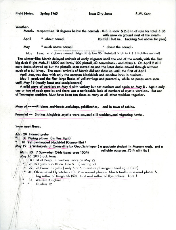 Field notes for the Iowa City, Iowa area were contributed by Frederick W. Kent. This item was used as supporting documentation for the Iowa Ornithologists' Union Quarterly field report of spring, 1965.