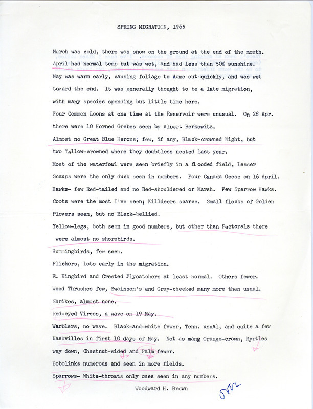 Field notes for spring migration were contributed by Woodward H. Brown. He reports that there was a late migration with many species spending little time in the area and a lack of yellow and black-billed cuckoos. This item was used as supporting documentation for the Iowa Ornithologists' Union Quarterly field report of spring, 1965.