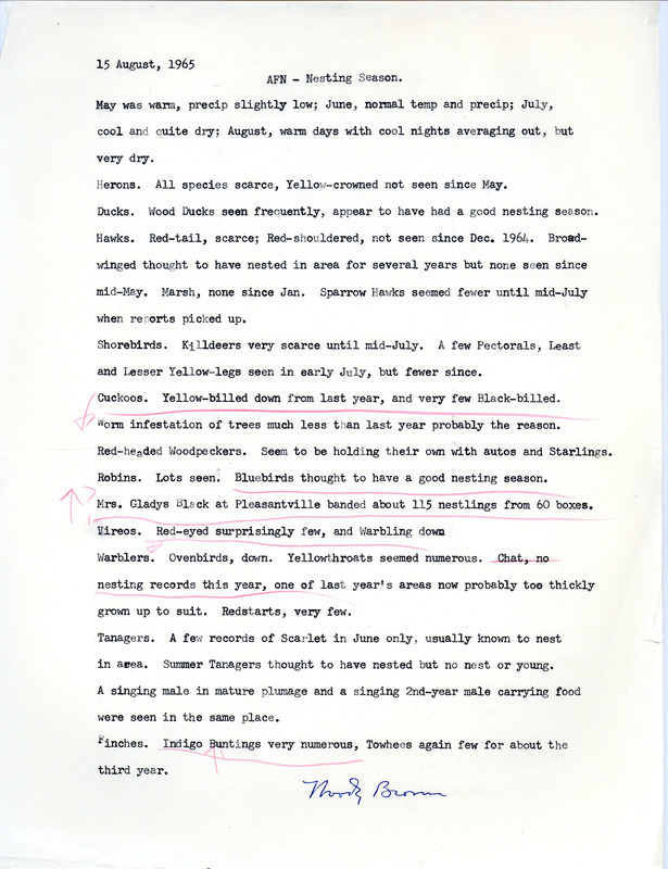 Audubon field notes for the nesting season in Des Moines, Iowa were contributed by Woodward H. Brown. This item was used as supporting documentation for the Iowa Ornithologists' Union Quarterly field report of summer, 1965.