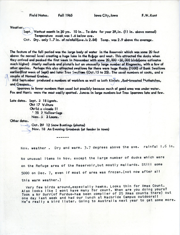 Field notes were contributed by Frederick W. Kent. He attributes the large number of ducks and other species to the high level of water in the Coralville Reservoir creating a lake in the refuge area. This item was used as supporting documentation for the Iowa Ornithologists' Union Quarterly field report of fall 1965.