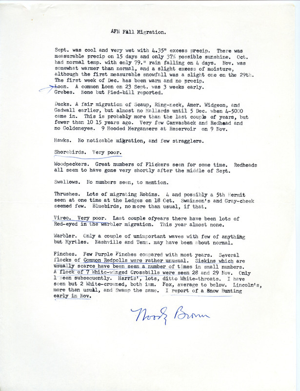 Audubon field notes were contributed by Woodward H. Brown. This item was used as supporting documentation for the Iowa Ornithologists' Union Quarterly field report of fall, 1965.