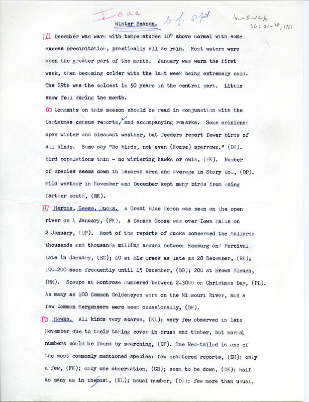 Quarterly field report for the winter of 1966. It is published in Iowa Bird Life 36:21-24, 1966. The report is a draft with manual annotations.