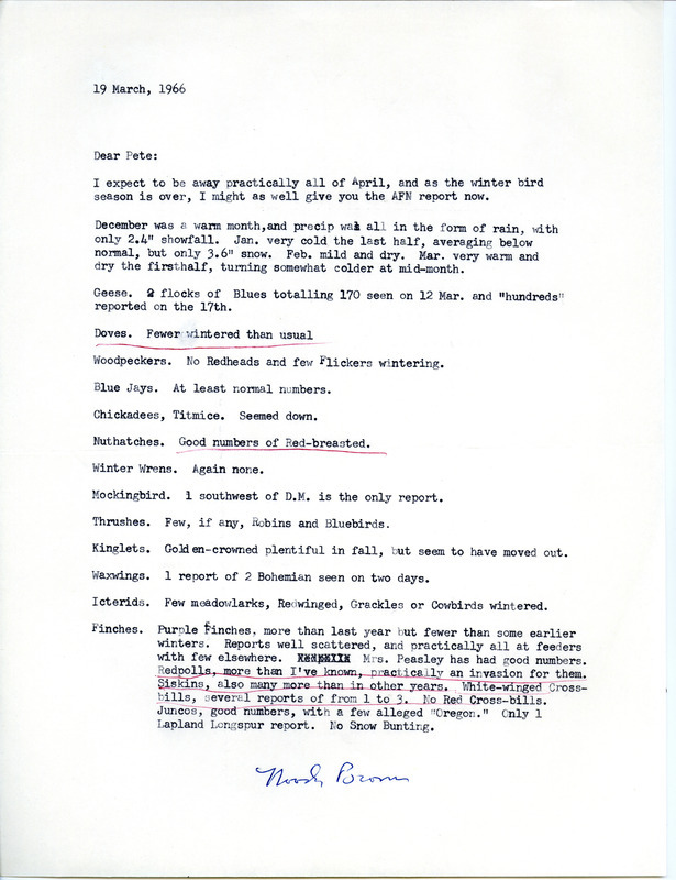 Report contributed by Woodward H. Brown in a letter to Peter C. Petersen regarding winter migration and his Audubon Field Notes. This item was used as supporting documentation for the Iowa Ornithologists' Union Quarterly field report of winter 1966.