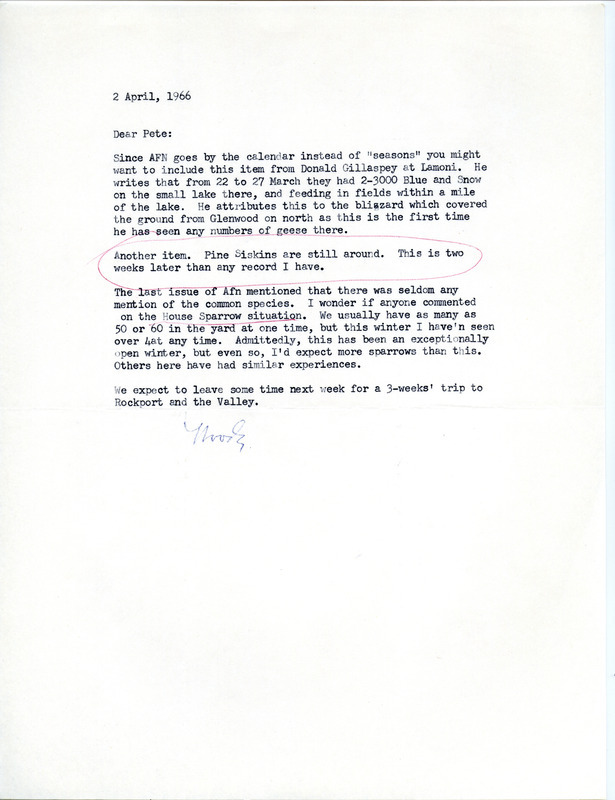 Field notes contributed by Woodward H. Brown in a letter to Peter C. Petersen about the sighting of Blue and Snow Geese, Pine Siskins, and the House Sparrow. This item was used as supporting documentation for the Iowa Ornithologists' Union Quarterly field report of winter 1966.