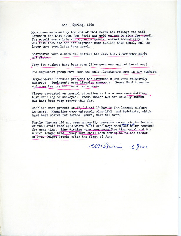 Audubon field notes were contributed by Woodward H. Brown. This item was used as supporting documentation for the Iowa Ornithologists' Union Quarterly field report of spring 1966.