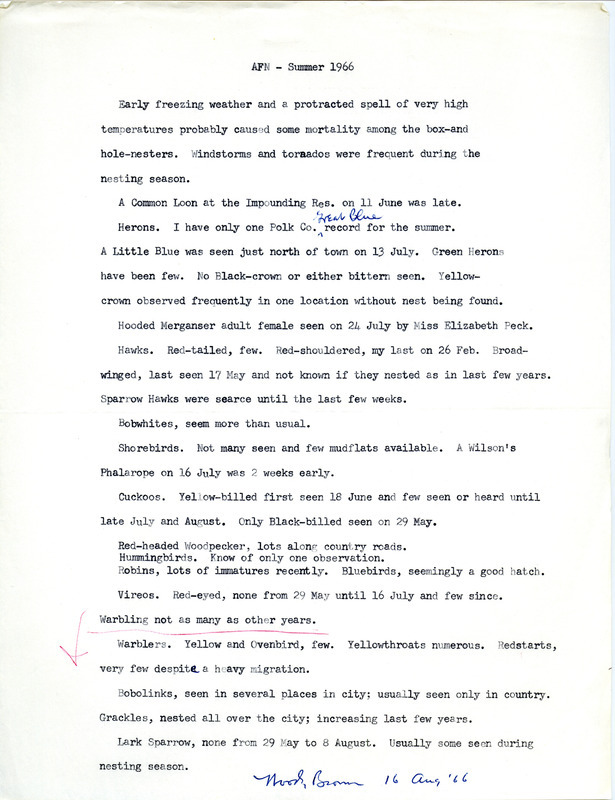 Audubon field notes contributed by Woodward H. Brown include sightings of a Common Loon, Hooded Merganser, Red-headed Woodpecker and Wilson's Phalarope. This item was used as supporting documentation for the Iowa Ornithologists' Union Quarterly field report of summer 1966.