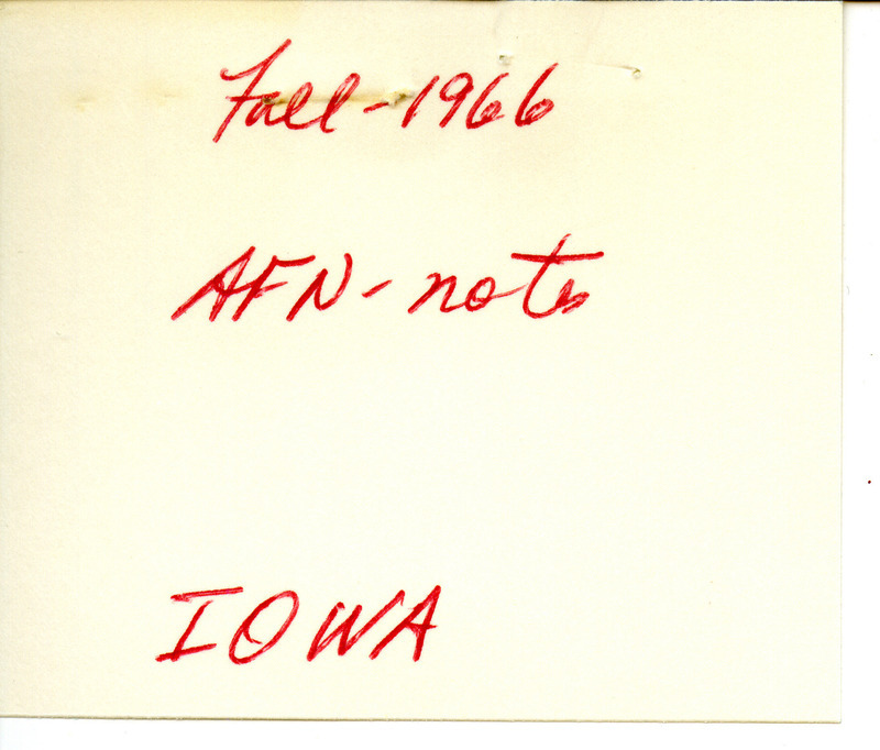 Fall migration notes contributed by Woodward H. Brown in a letter to Peter C. Petersen, December 9, 1966. Fall migration notes contributed by Robert F. Vane in a letter to Peter C. Petersen and Mary Lou Petersen, December 20,1966. This item was used as supporting documentation for the Iowa Ornithologists' Union Quarterly field report of fall 1966.