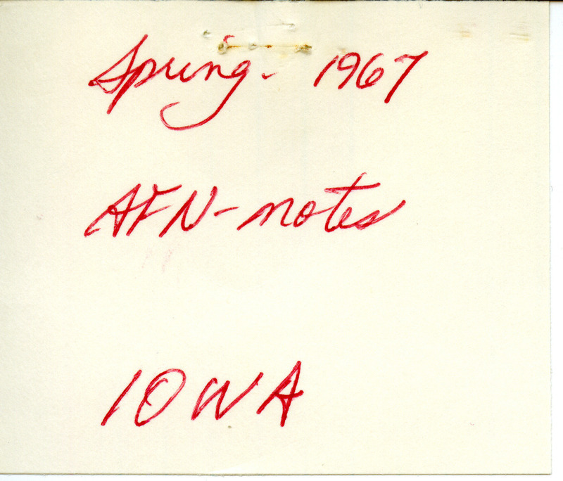 Audubon field notes contributed by Frederick W. Kent. A newspaper clipping regarding the naming of a park for Mr. Kent in Johnson County, Iowa and a note to Peter C. Petersen are included in the field notes. This item was used as supporting documentation for the Iowa Ornithologists' Union Quarterly field report of spring 1967.