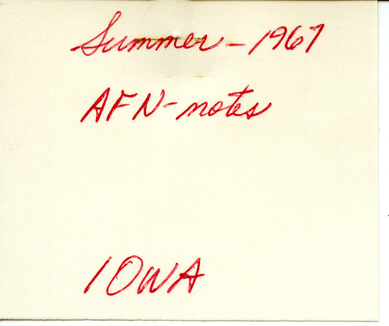 Quarterly field report for summer 1967 titled "Field reports." It is published in Iowa Bird Life 37:64-66, 1967. The report is an annotated draft. Audubon Field Notes for summer 1967 are contributed by Woodward H. Brown. This item was used as supporting documentation for the Iowa Ornithologists' Union Quarterly field report of summer 1967.