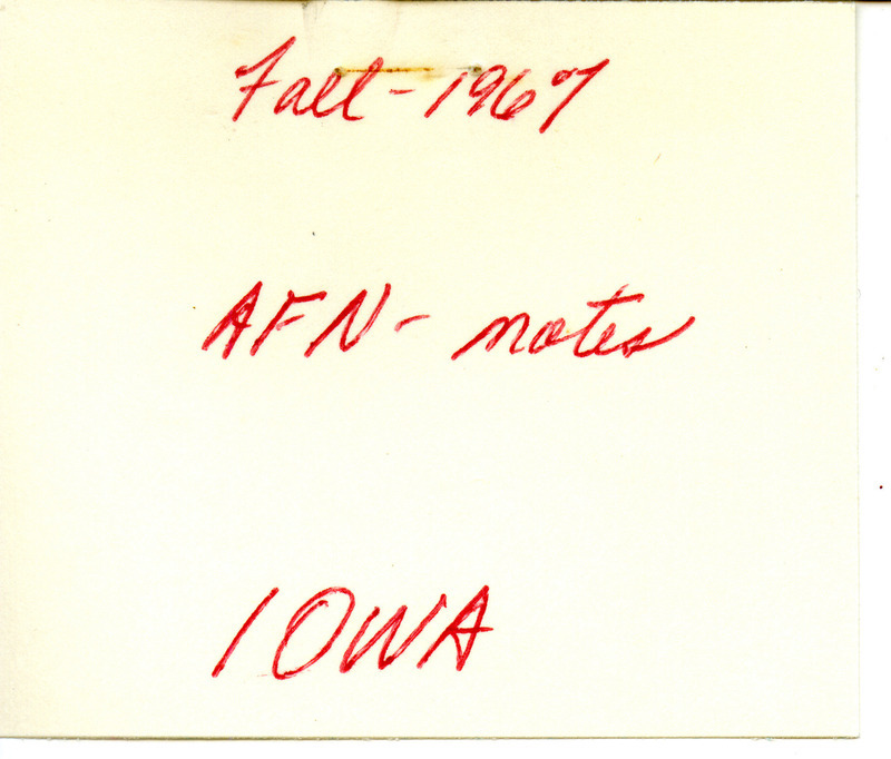 Quarterly field report for fall 1967 titled "Field reports" and supporting documentation. It is published in Iowa Bird Life 37:97-100, 1967. The report is a draft with manual annotations. The supporting documentation includes a Woodward H. Brown letter to Peter C. Petersen regarding Snow Bunting sightings, December 14, 1967 and Mr. Brown's Audubon field notes, fall 1967.