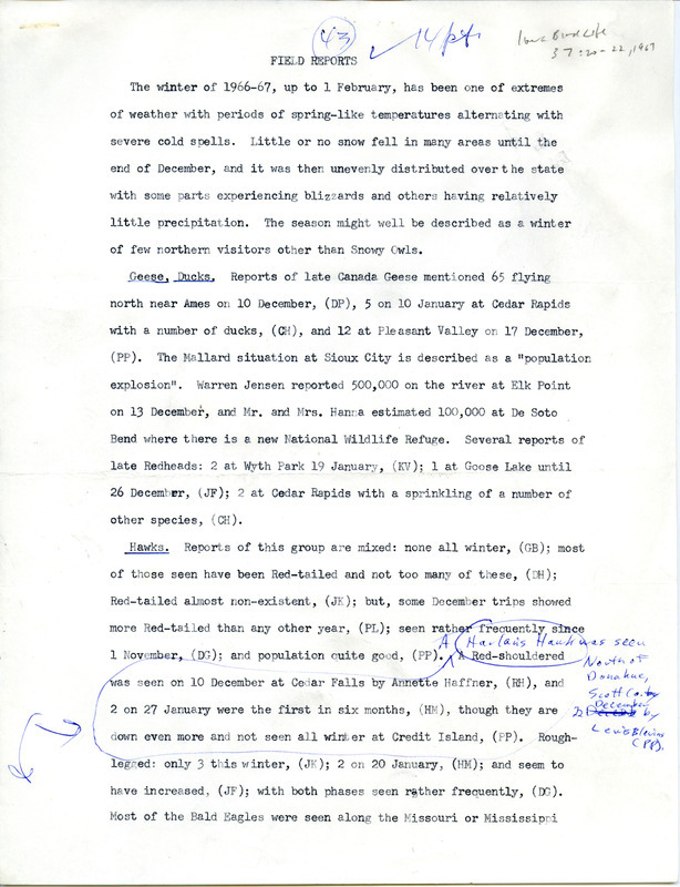 Quarterly field report for Winter 1966-1967 titled "Field reports." It is published in Iowa Bird Life 37:20-22, 1967. The report is a draft with numerous manual annotations. Supporting documentation includes Audubon field notes for winter 1966-1967.