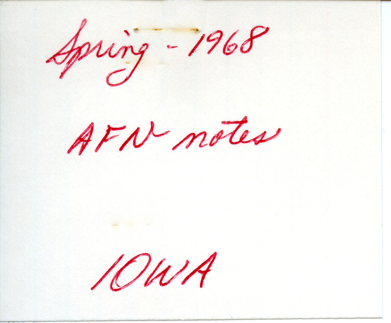 Quarterly field report for the spring of 1968 titled "AFN notes Iowa." It is published in Iowa Bird Life 38: 57-60, 1968. The report is a draft with manual annotations.