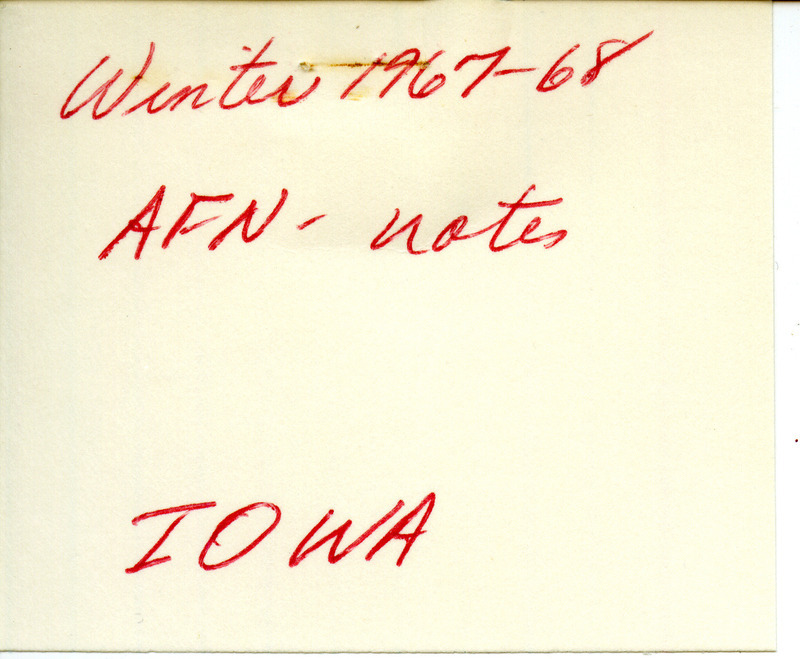 Quarterly field report for the winter of 1967-1968 titled "AFN notes Iowa." It was published in Iowa bird life 38:16-18, 1968. The report is a draft with manual annotations. It Included Robert W. Guth letter to Peter C. Peterson regarding winter 1967-1968 bird sightings near Eureka and Peoria, Illinois, sent on March 11, 1968.