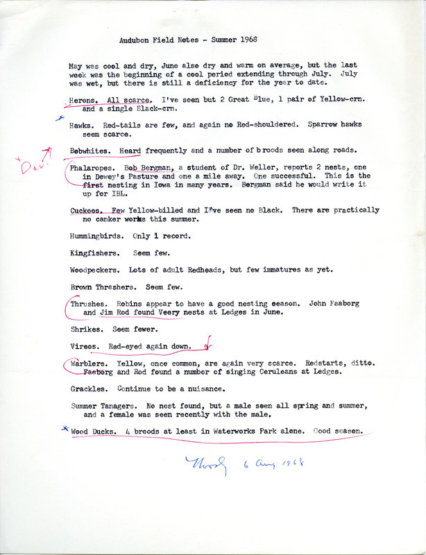 Audubon field notes for the summer of 1968 were written by Woodward H. Brown. Many items were underlined in red. This item was used as supporting documentation for the Iowa Ornithologists' Union Quarterly field report of summer 1968.