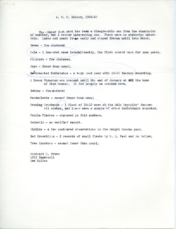 Report titled "A.F.N. Winter 1968-69" was submitted by Woodward H. Brown to Audubon field notes. Circled in blue were parts about a Saw-whet Owl, Red-breasted Nuthatches and Evening Grosbeaks. This item was used as supporting documentation for the Iowa Ornithologists' Union Quarterly field report of winter 1968-1969.