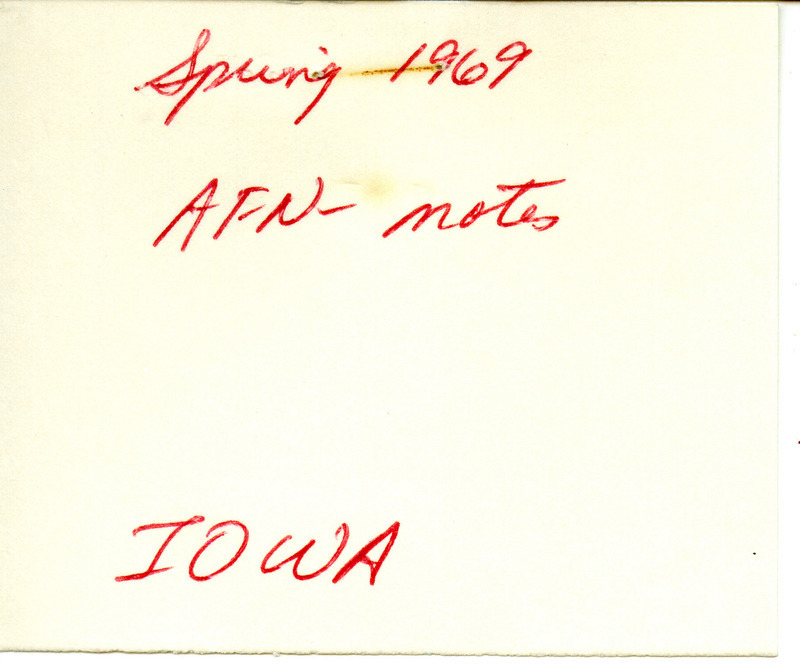 Report was created on June 10, 1969 for the Audubon field notes, summarizing bird sightings in Iowa during spring 1969. This item was used as supporting documentation for the Iowa Ornithologists' Union Quarterly field report of spring 1969.