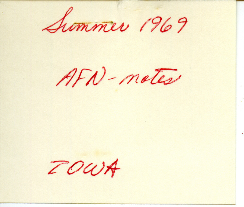 Audubon field notes for the summer of 1969 were written by Woodward H. Brown and had some parts underlined in red, and a note added in red about a Cattle Egret. Also included was a letter from R. G. Cortelyou to Peter C. Petersen sent in August 7, 1969 regarding the sighting of a Western Tanager. These items were used as supporting documentation for the Iowa Ornithologists' Union Quarterly field report of summer 1969.