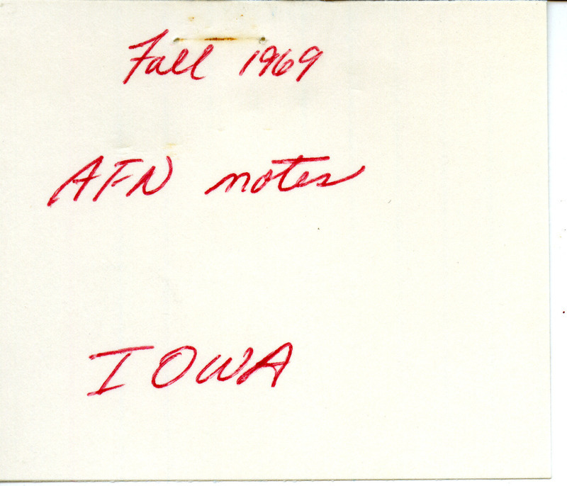 Quarterly field report for the Fall of 1969 titled "AFN Notes Iowa" on cover page. It is published in Iowa Bird Life 39: 80-83, 1969. The report is a draft with manual annotations.