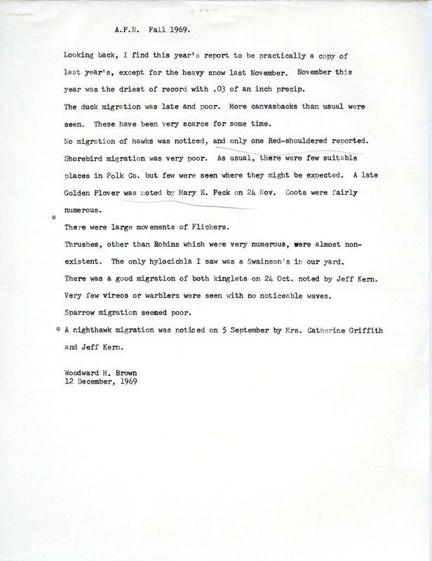 Audubon field notes for fall of 1969 written by Woodward H. Brown. Items underlined were that only one Red-shouldered Hawk was reported, and a late Golden Plover was noted. Asterisks were next to reports that there were large movements of Flickers, and a Nighthawk migration was observed. This item was used as supporting documentation for the Iowa Ornithologists' Union Quarterly field report of fall 1969.