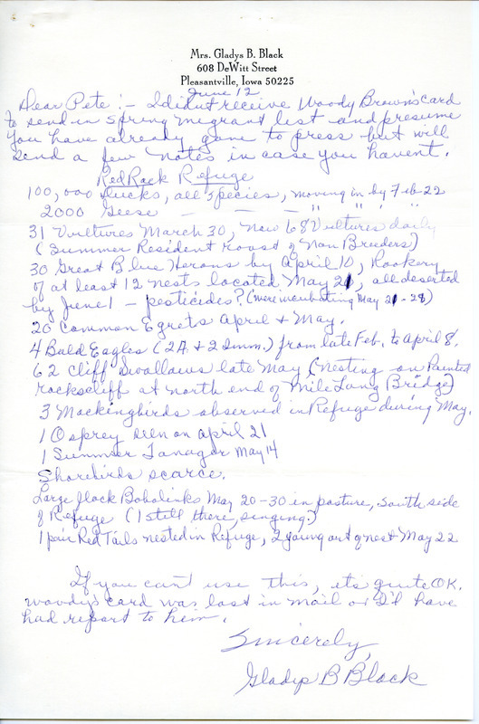 Letter from Gladys Black to Peter C. Petersen asked if it is too late to report spring migration and listed birds sighted at Red Rock Refuge, February 22-May 22. This item was used as supporting documentation for the Iowa Ornithologists' Union Quarterly field report of spring 1970.