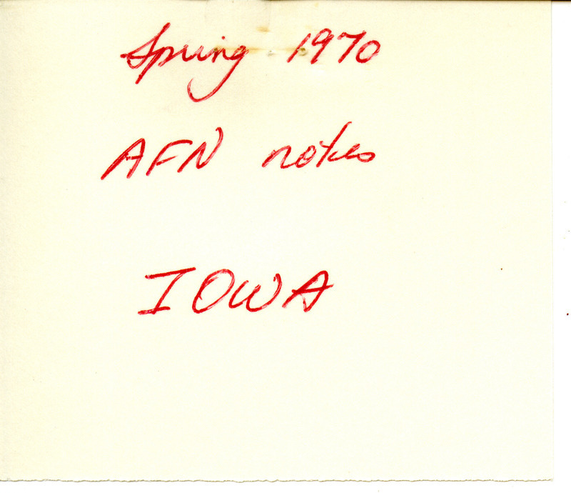 Documentation of bird sightings including Audubon field notes for spring of 1970, a Woodward H. Brown letter, June 14, 1970, regarding the spring field report and two other letters included here that he was forwarding to Peter C. Petersen. One letter was from R.D. Mooney regarding the rare sighting of a Cattle Egret, June 6, 1970. The other letter was from Ruth Thornton regarding the sighting of a Chuck-will's-widow, April 26, 1970. These items were used as supporting documentation for the Iowa Ornithologists' Union Quarterly field report of spring 1970.