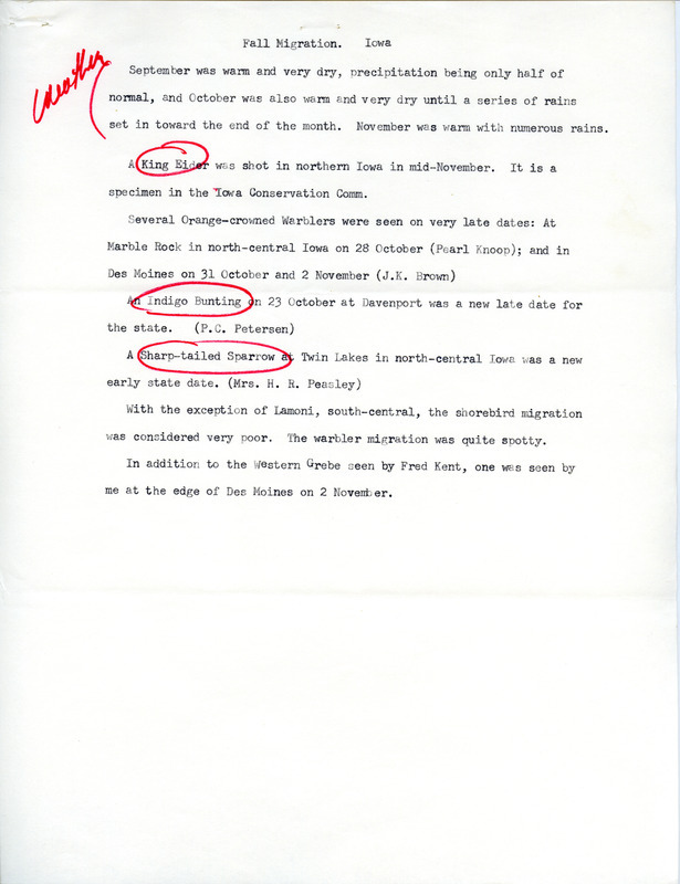 Report of fall migration in Iowa, 1971, has these bird names circled in red: King Eider, Indigo Bunting, and Sharp-tailed Sparrow. This item was used as supporting documentation for the Iowa Ornithologists' Union Quarterly field report of fall 1971.