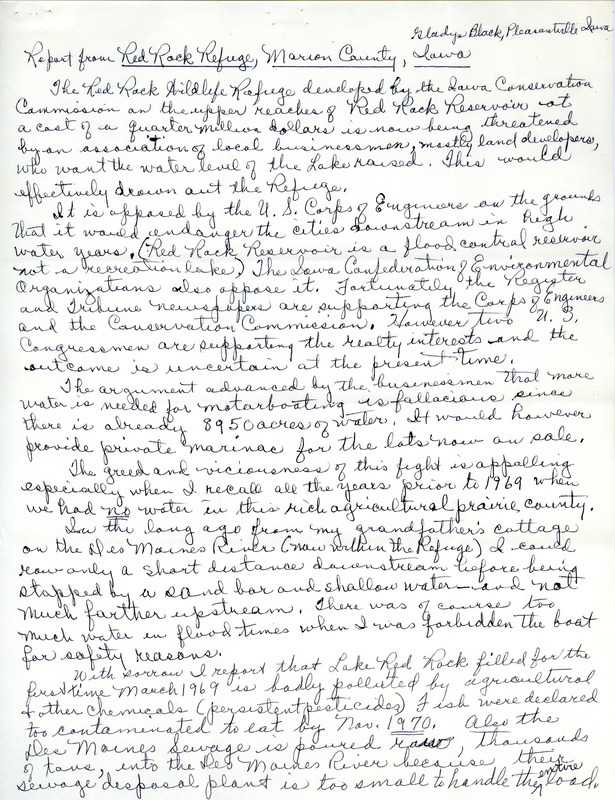 Gladys Black reported on conditions at Red Rock Refuge and birds seen there during the fall migration, November 30, 1971. She expressed her concern about those wanting to raise the Lake Red Rock water level, pollution in the lake, and the impact on the habitat. Several parts are marked in red. This item was used as supporting documentation for the Iowa Ornithologists' Union Quarterly field report of fall 1971.