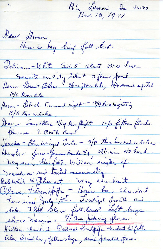 J. Donald Gillaspey letter to Woodward H. Brown, dated November 12, 1971, described birds he saw near Lamoni, Iowa during fall of 1971. Underlined in red were one Piping Plover and Shrikes, Northern. This item was used as supporting documentation for the Iowa Ornithologists' Union Quarterly field report of fall 1971.