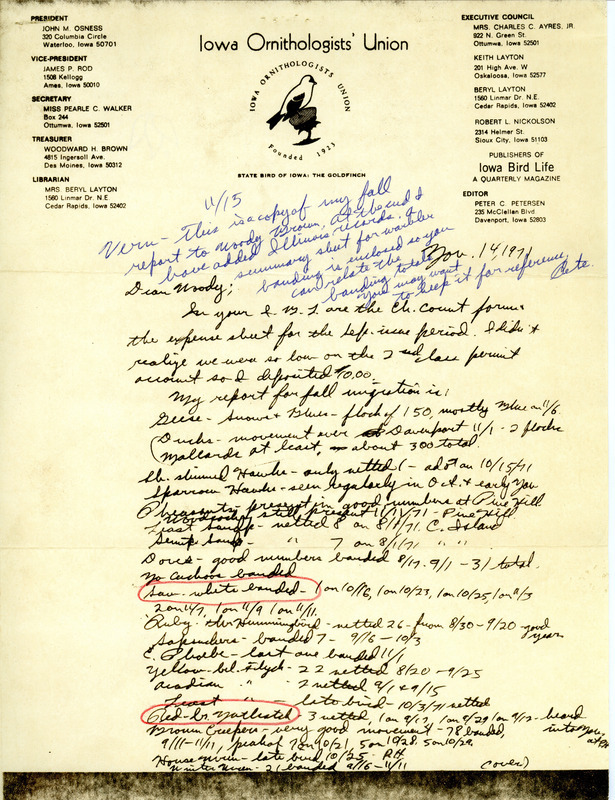 Peter C. Peterson letter to Woodward H. Brown, regarding fall migration 1971, November 14, 1971, was on Iowa Ornithologists' Union stationery. It included information about numbers of different types of birds that were banded, some of which were circled in red. It was a copy of the original letter, and had notes in blue to Vernon Kleen about Illinois totals. This item was used as supporting documentation for the Iowa Ornithologists' Union Quarterly field report of fall 1971.