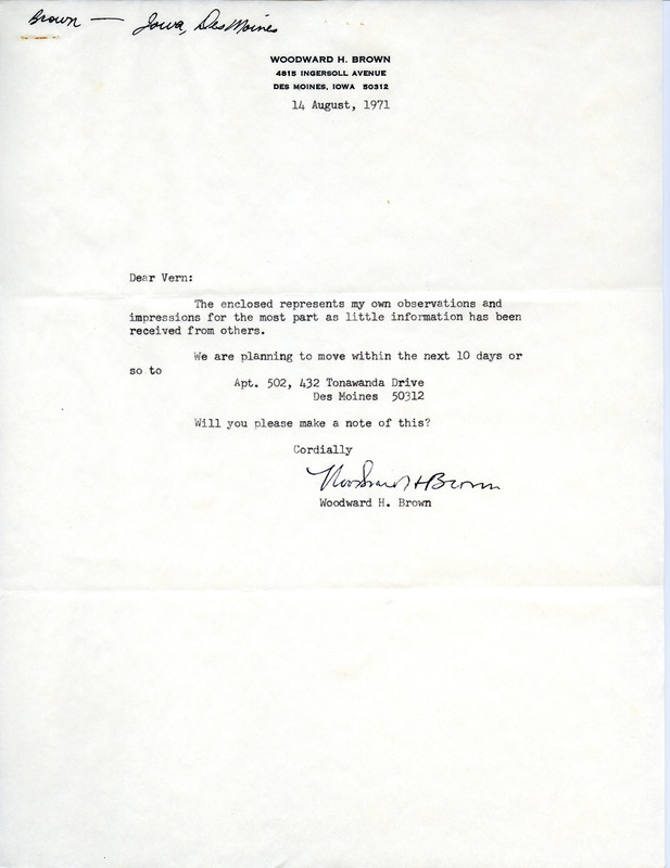 Field notes from Woodward H. Brown compiled information on birds observed in Iowa during summer season 1971. Some parts were marked in red, and these bird names were circled in red: White Pelican, Pintail, Least Tern, Chuck-Will's Widow, and Summer Tanager. It was preceded by a cover letter from Woodward H. Brown to Vernon M. Kleen, August 14, 1971. This item was used as supporting documentation for the Iowa Ornithologists' Union Quarterly field report of summer 1971.